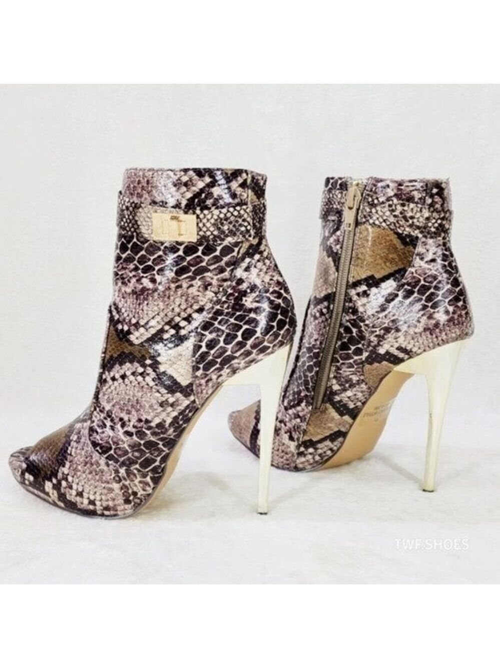 NIB Adamarys Brown Snake Print Open Toe Ankle Boots Gold Stiletto High Heels